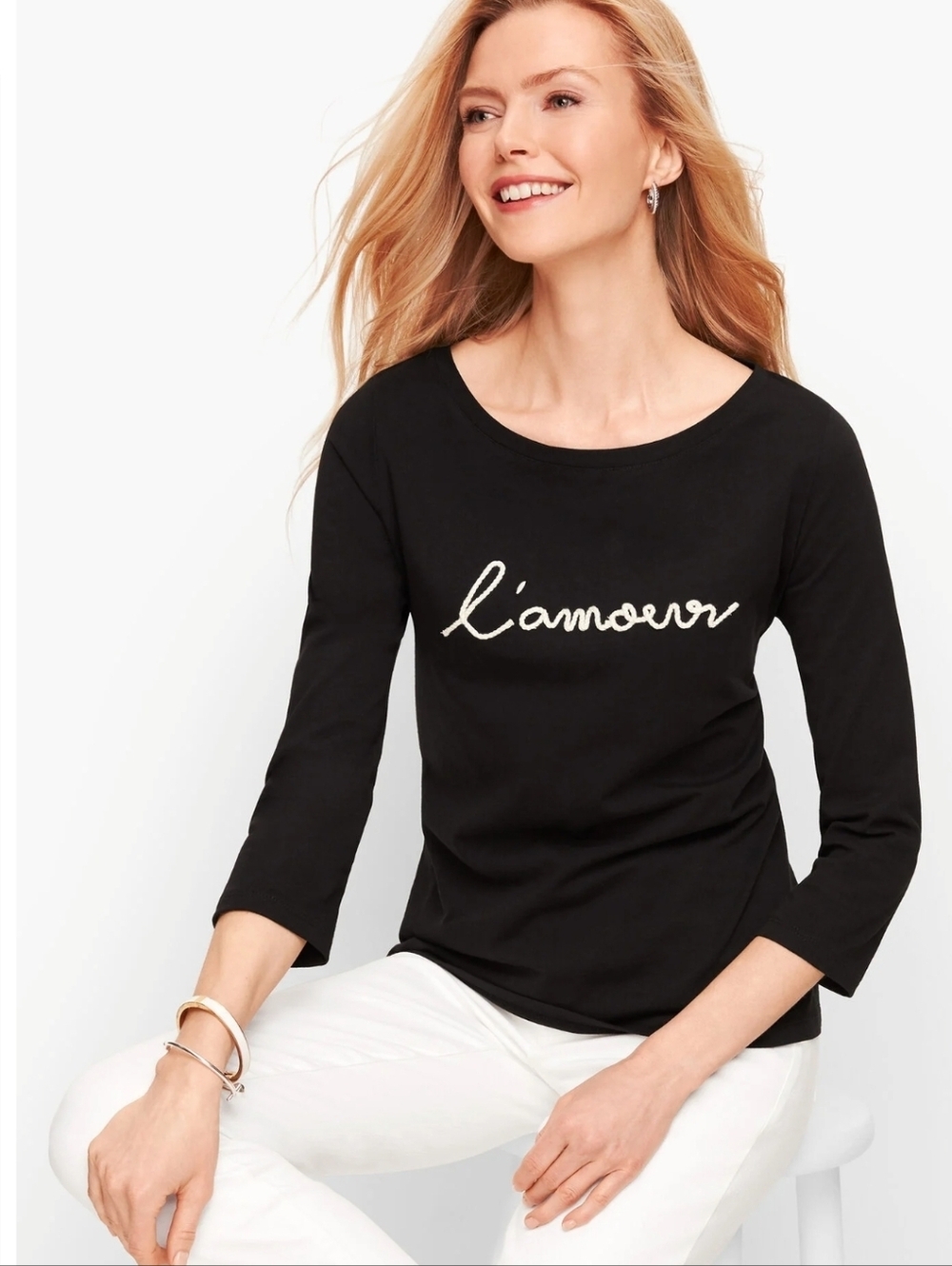 Talbots LP 'L'amour' Embroidered Black Top